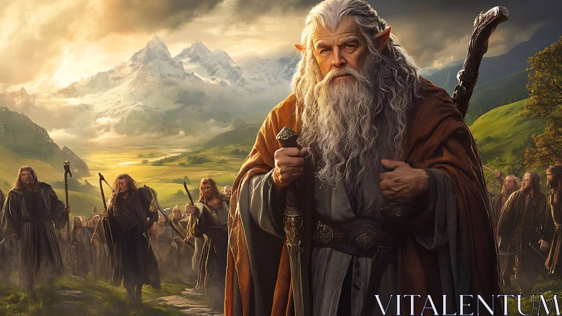 Kindly elven wizard leading travelers through misty peaks.