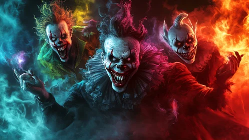 Sinister killer clowns emerge through colored infernal smoke.