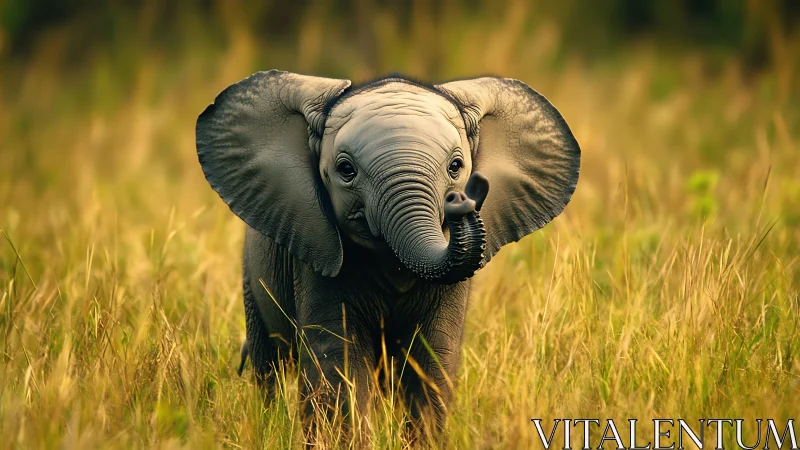 Young elephant calf standing alert in tall golden grass.