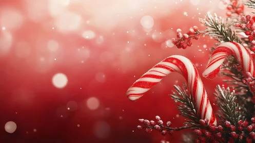 Striped candy canes rest in frosted festive foliage
