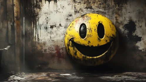 Corroded industrial smiley emblem on distressed concrete wall.