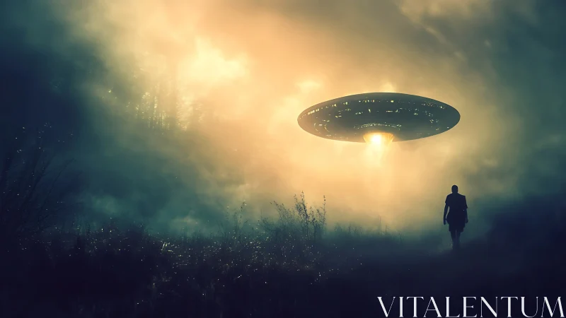Misty forest sky glows as a lone figure meets a hovering UFO