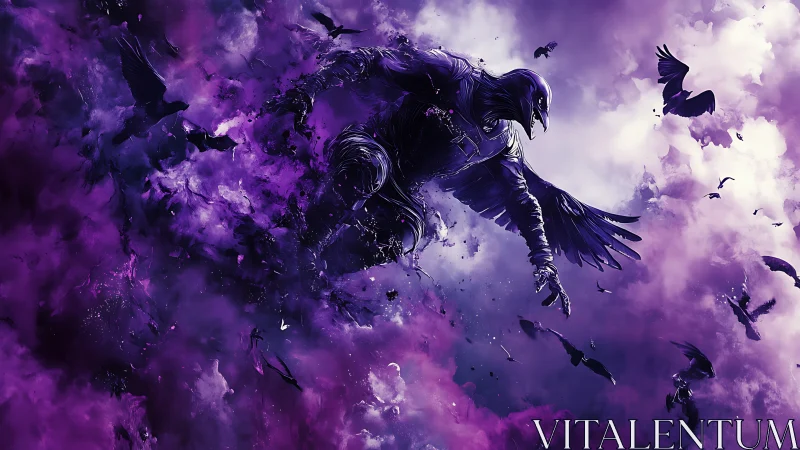 Raven-winged humanoid erupting through turbulent violet nebula.