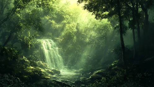 Enchanted Waterfall Sanctuary Bathed in Golden Light