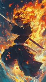 Flame sword warrior mid-strike in blazing inferno environment.