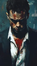 Bloodstained fighter stares down, shadowed by regret.