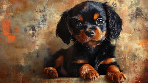Digital painting of black and tan puppy against textured backdrop