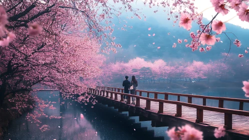 Cherry blossom riverside bridge frames distant misty hillside