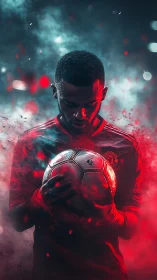 Footballer stands in fiery mist, embracing focused solitude