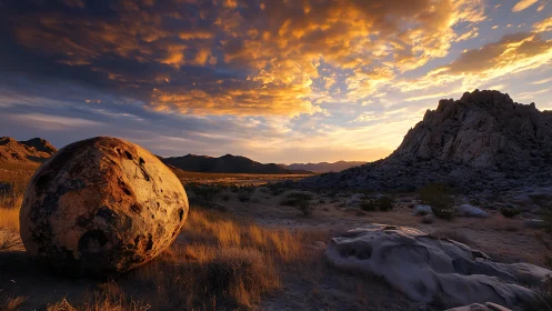 Sunlit desert boulder anchors expansive dusk canyon vista