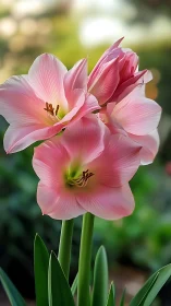 Pink Amaryllis Blooms in Sunlit Garden Display