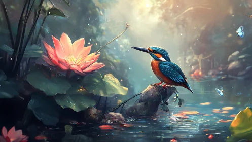 Gentle kingfisher watching over a glowing forest pond.