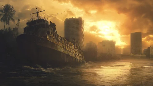 Derelict freighter before a drowned, sunlit city skyline.