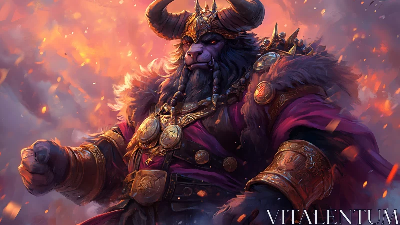 Horned warlord beast in flaming regal battle armor.