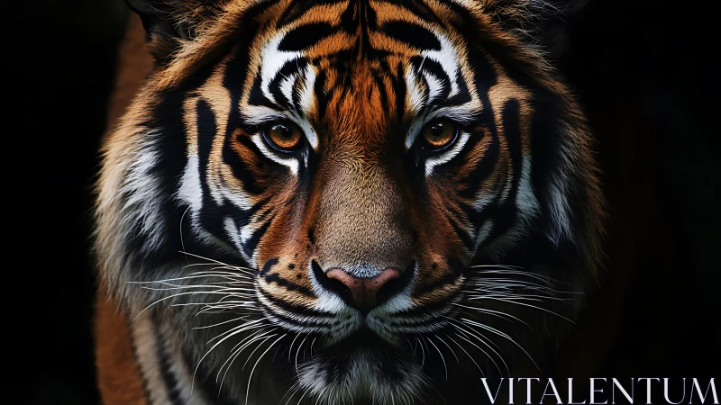 Tiger face fills frame under dark background with sharp focus