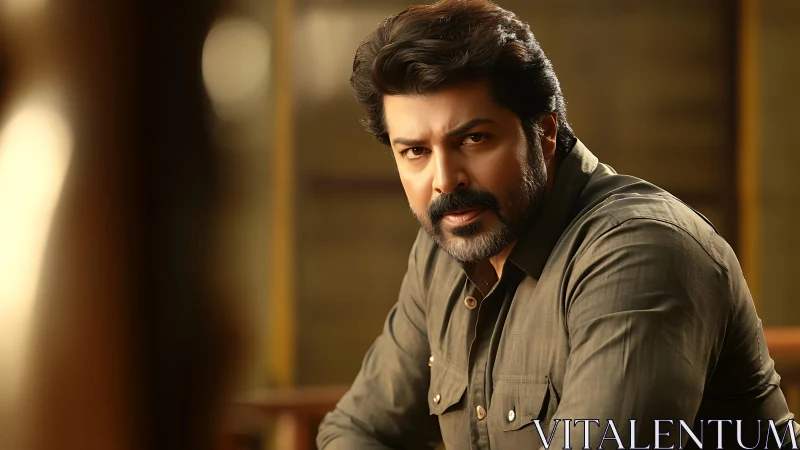 Warmly lit portrait of a thoughtful bearded man indoors.