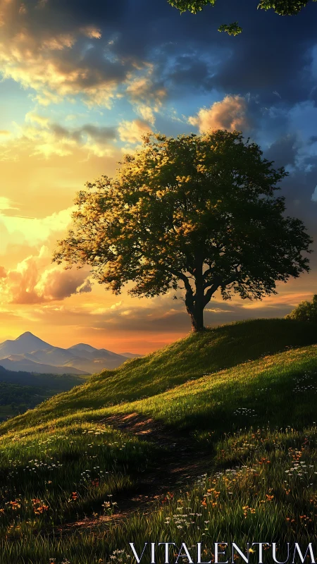 Solitary tree stands on sloped meadow under stratified sky