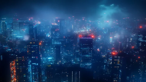 Nocturnal megacity skyline in neon blue volumetric haze.