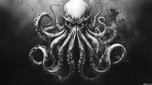 Monochrome eldritch octopus radiates menacing power outward