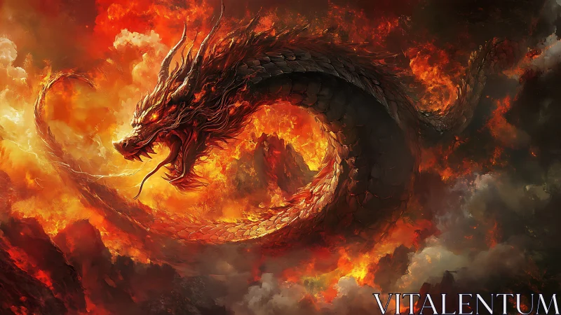 Fiery serpent dragon coils through a blazing volcanic sky.
