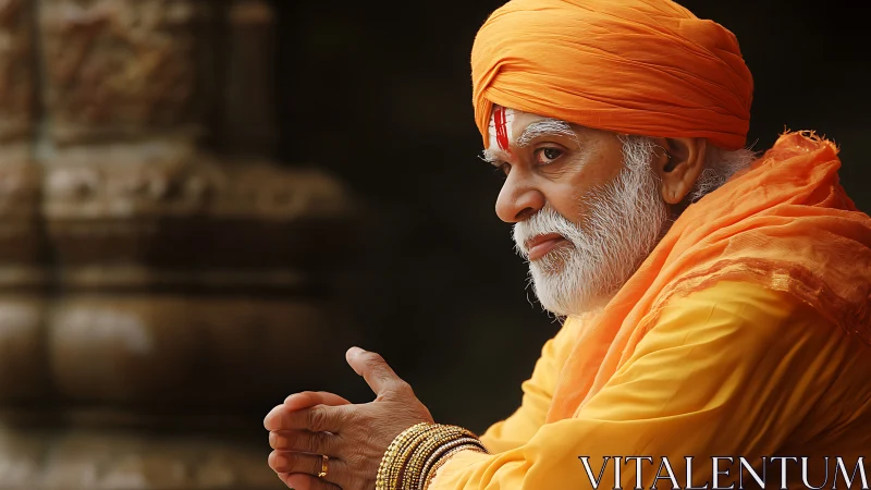 Gentle elder in saffron robes resting in quiet reflection.