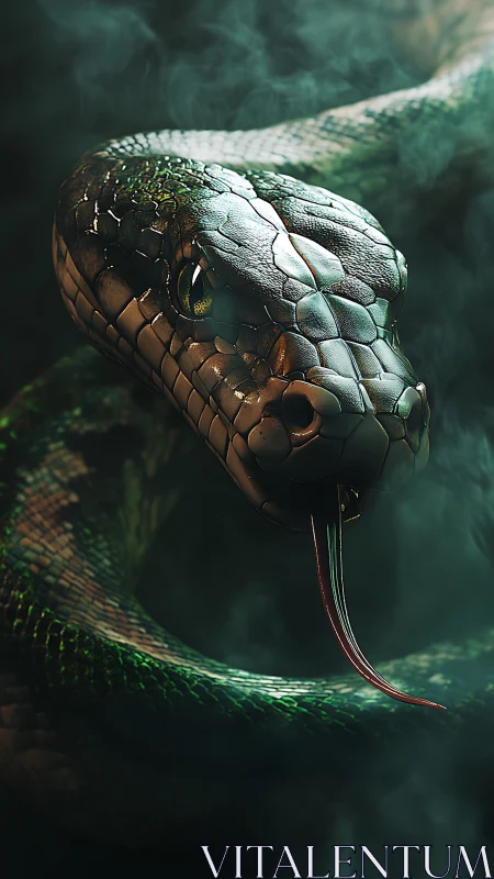 Digital render depicts detailed snake head in dense mist