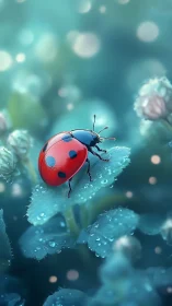 Ladybug rests on dewy leaf in softly blurred teal background