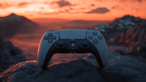 PlayStation Controller Positioned Against Desert Sunset Landscape
