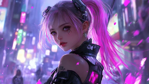 Neon-haired cyber heroine gazes back in a glowing city night