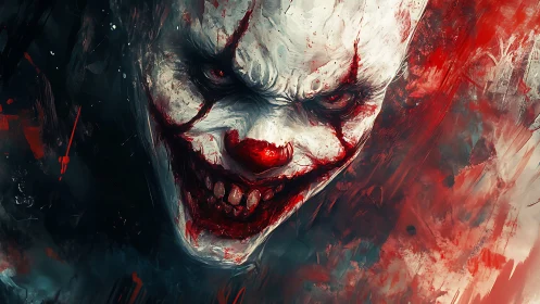 Digital portrait shows distorted clown face in red and white tones