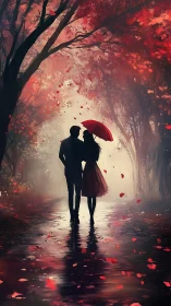 Silhouetted Couple with Red Umbrella in Autumn Forest Path
