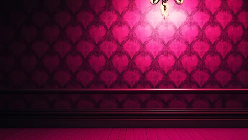 Interior space with ornamental patterned wallpaper and dramatic lighting fixture