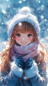 Smiling girl in winter coat and hat stands in falling snow