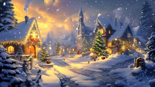 Snow covered village street with illuminated holiday houses.