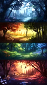 Four enchanted forest paths glow softly through the seasons