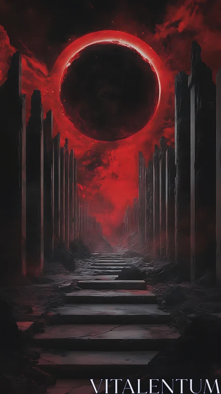 Red eclipse above ruined stone corridor at night.