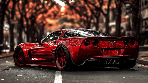 Red sports coupe parked on urban street in autumn light.