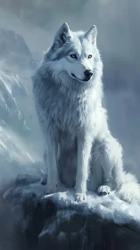 White wolf stands alert on icy cliff in cold grey light