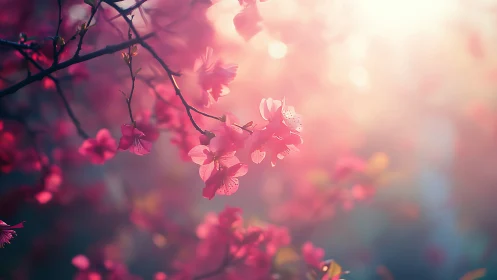 Pink flowering branches with bokeh background and diffused backlighting