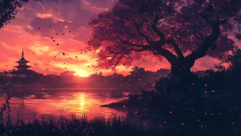 Crimson lakeside sunset with pagoda and sweeping cherry tree.