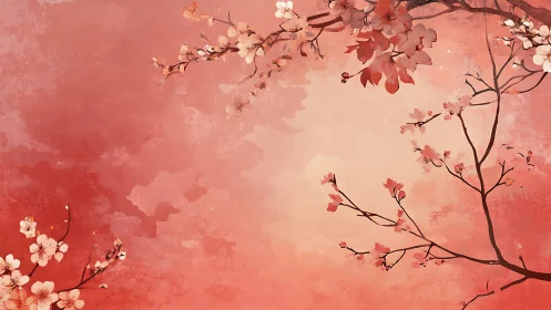 Blossoming tree branches on textured red gradient background.