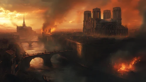 Gothic riverside city burning under dramatic red sky.