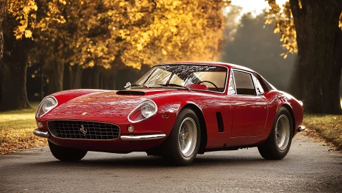 Crimson classic sports car glows along a calm autumn lane