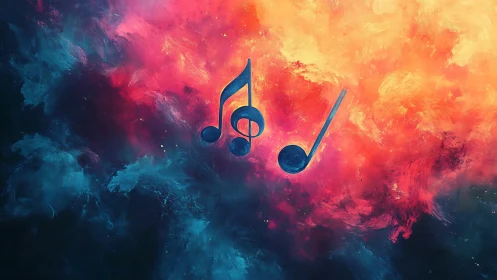 Musical notes float in vivid abstract cosmic clouds.