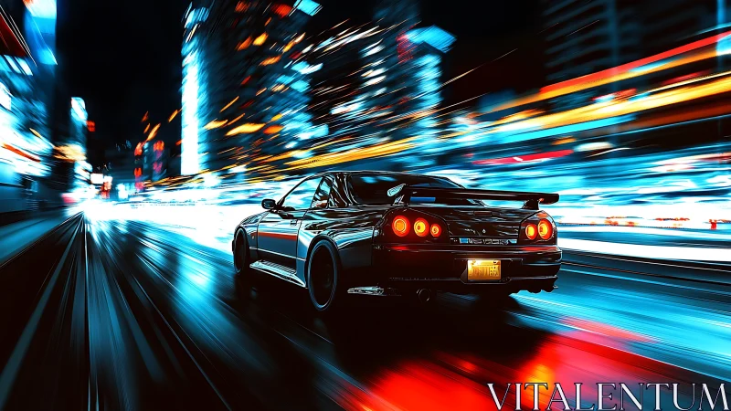 Neon drenched street racer slicing through electric midnight.