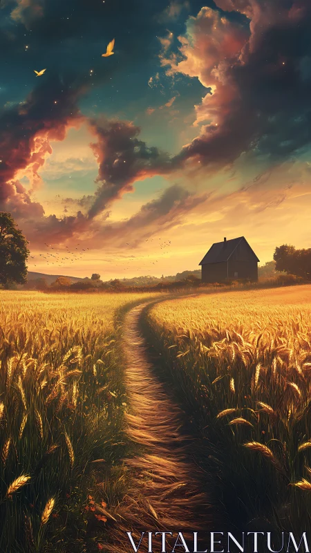 Luminous wheatfield pathway under stratified nebular dusk sky.