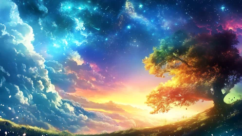 Dreamlit horizon merging cosmic sky and glowing tree.