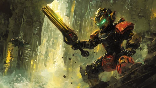 Armored mech warrior leaping through ruined sci fi canyon.