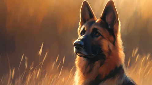 German Shepherd portrait in warm sunset field lighting.