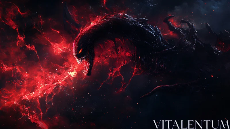 Cosmic shadow dragon erupts from red nebular storm